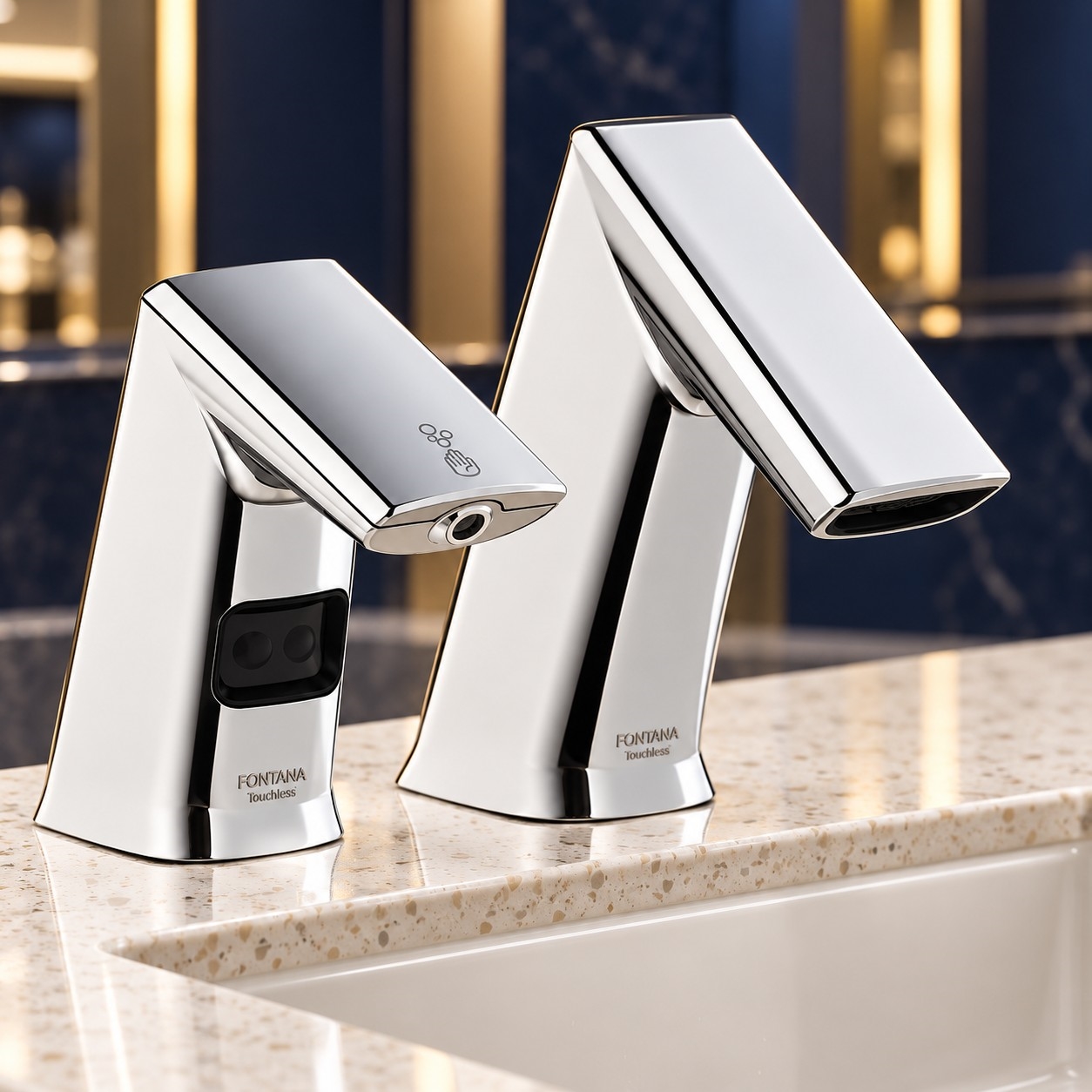 Illustrative chrome deck-mounted electronic faucet and automatic soap dispenser set