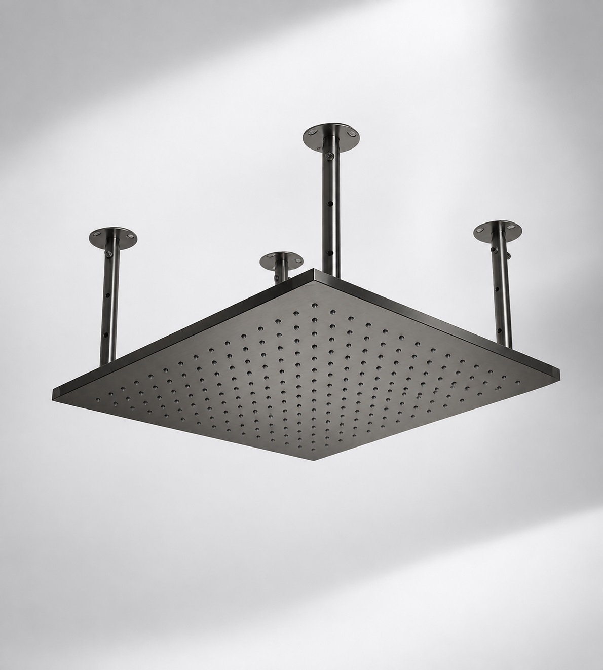 Fontana large rain shower head waterproofing and penetration detail showing ceiling opening, waterproof membrane, penetration collar, escutcheon, sealant, moisture zones, wall penetration and service access