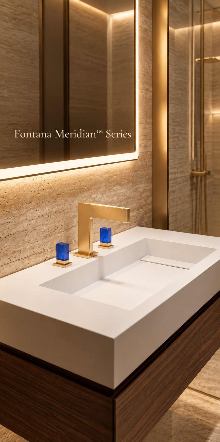Fontana Meridian Brushed Gold Three-Hole Bathroom Sink Faucet with Blue Crystal Handles FS20220BG