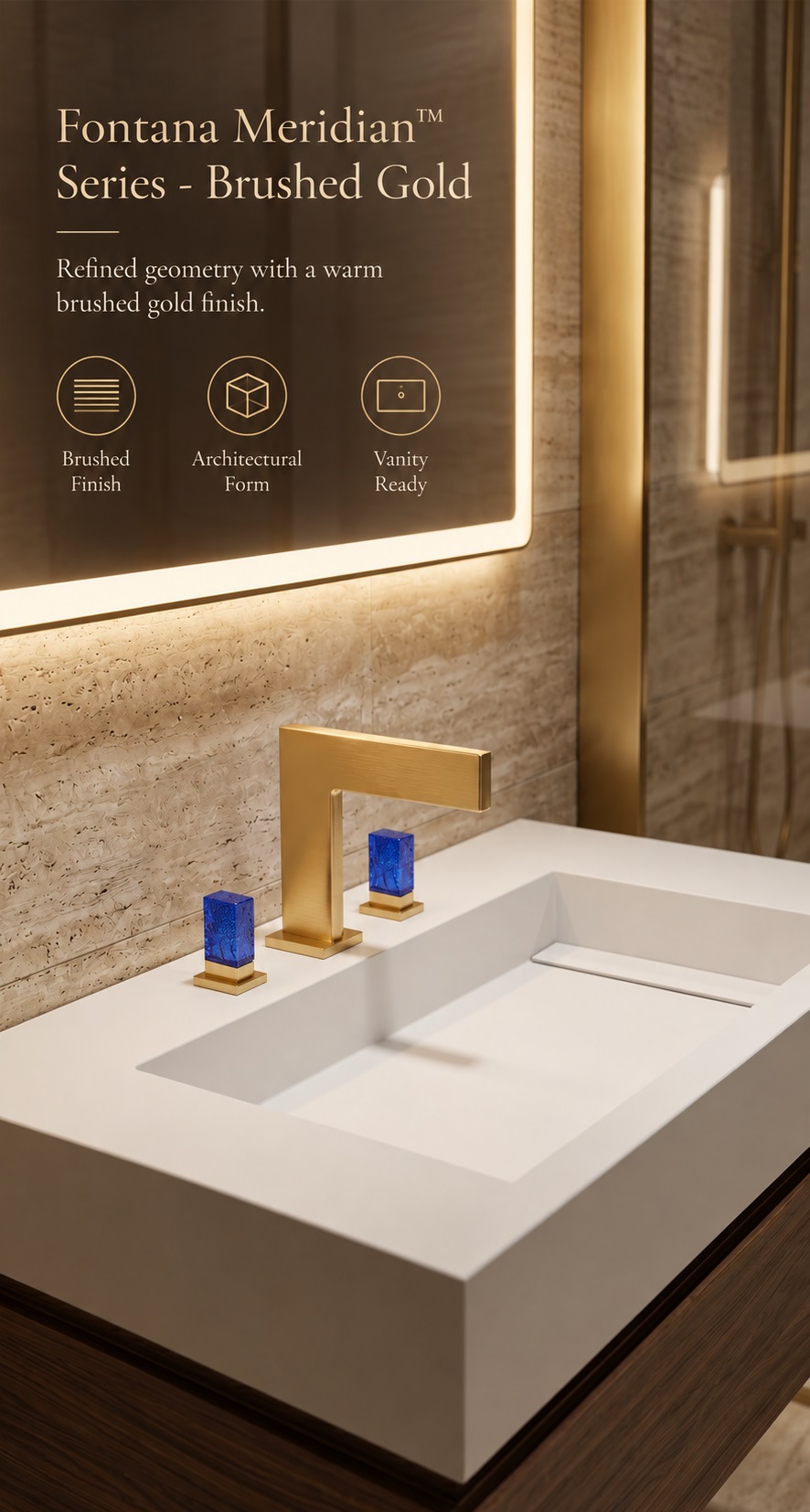 Fontana Meridian Series Brushed Gold 3 Hole Bathroom Faucet with Blue Crystal Handles