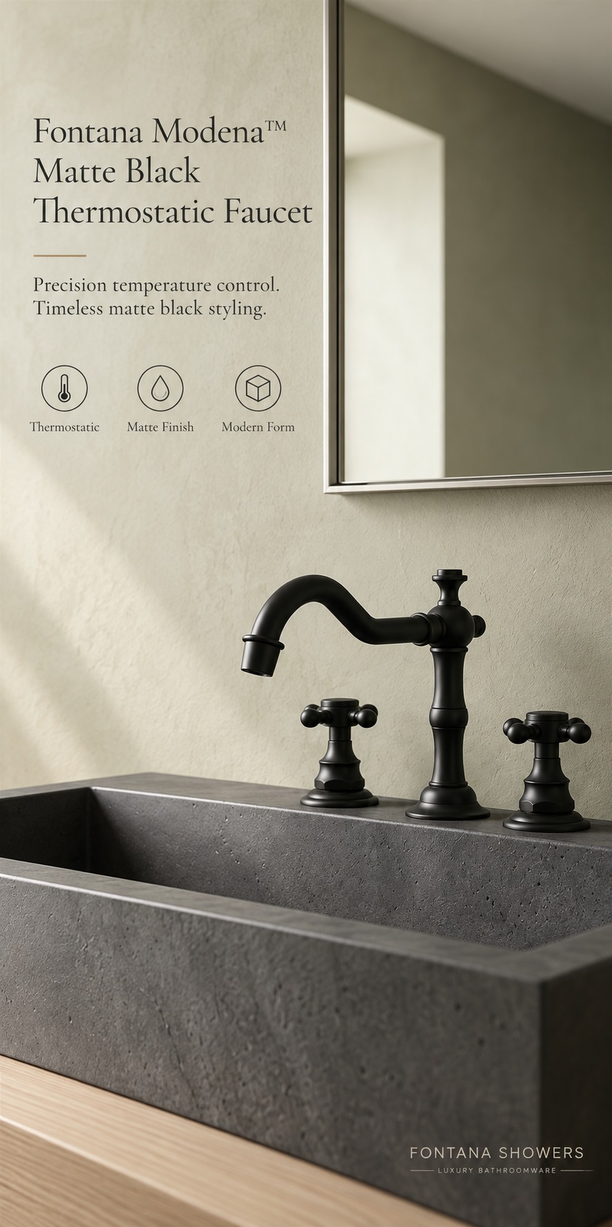 Fontana Modena Matte Black Thermostatic 3 Hole Bathroom Sink Faucet FS510MB