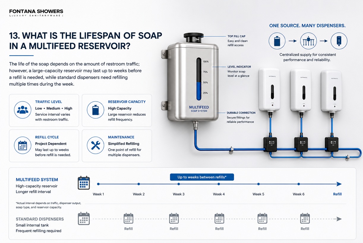 High-capacity Fontana MultiFeed soap reservoir illustrating extended refill intervals