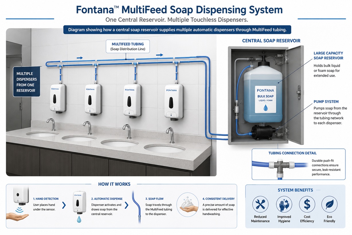 Diagram showing how a central soap reservoir supplies multiple automatic dispensers through MultiFeed tubing