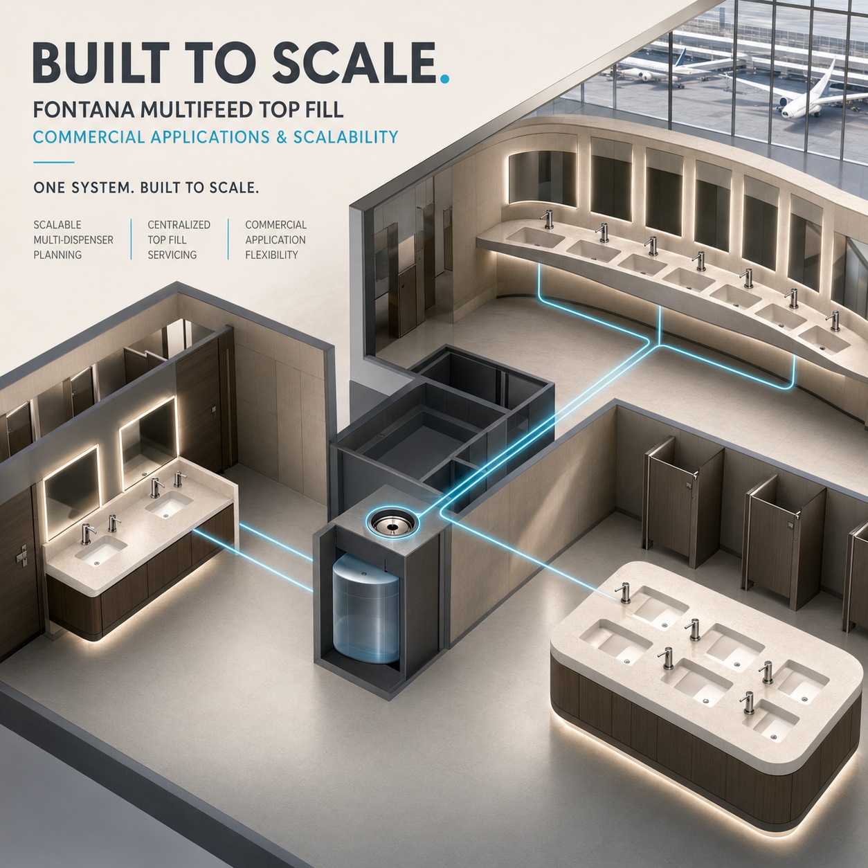 Fontana MultiFeed Top Fill centralized soap system scaled across multiple automatic dispenser stations and varied high-traffic commercial restroom configurations
