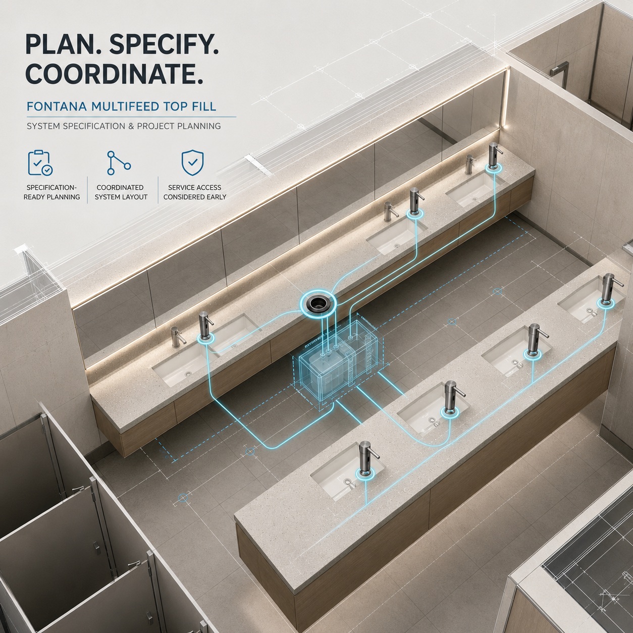 Fontana MultiFeed Top Fill system specification plan coordinating automatic soap dispenser locations, central reservoir placement, distribution routes, countertop integration and service clearances