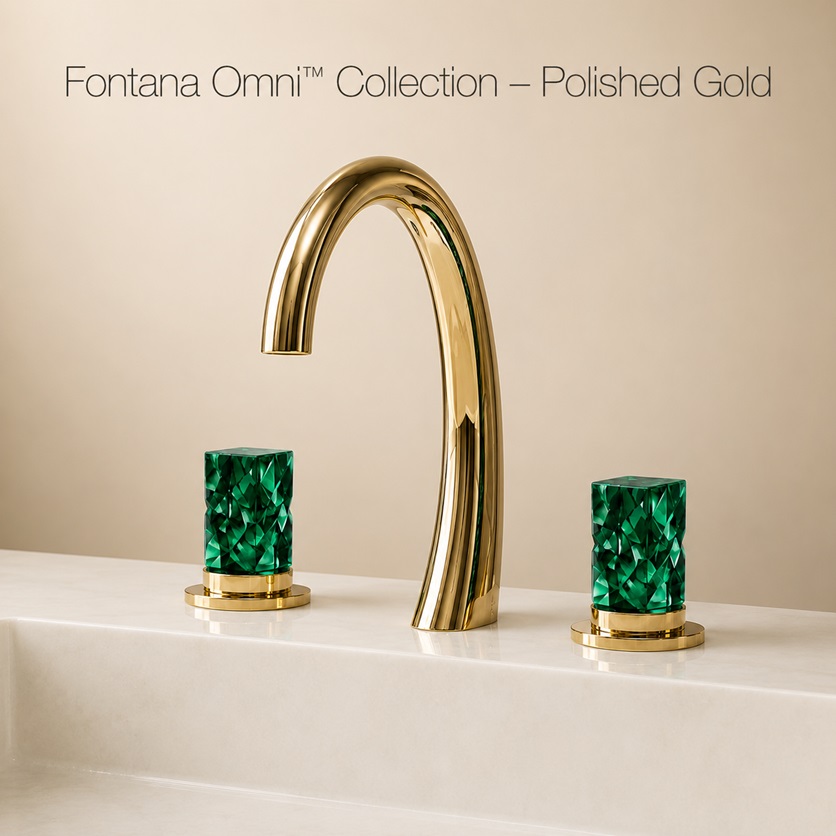 Fontana Omni Polished Gold Widespread Lavatory Basin Faucet with Emerald Crystal Handles