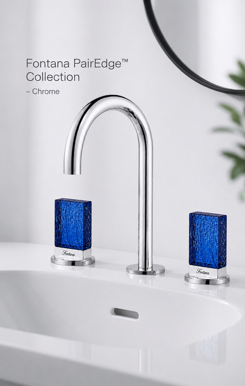 Fontana PairEdge chrome faucet with blue glass handles in a luxury bathroom