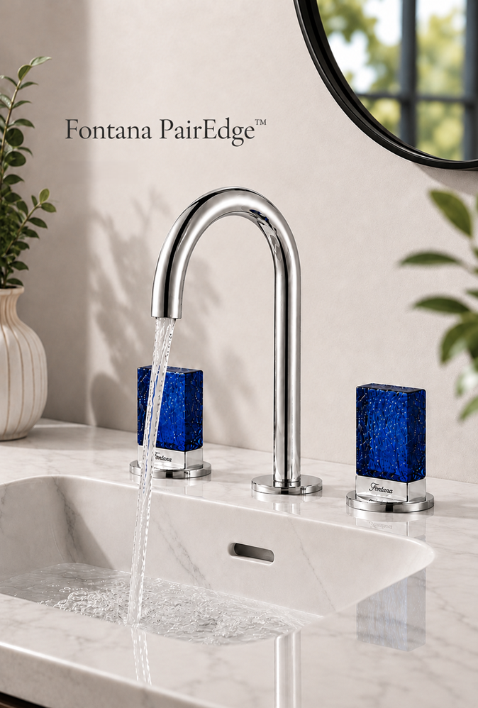 Fontana PairEdge chrome faucet with blue glass handles in a luxury bathroom