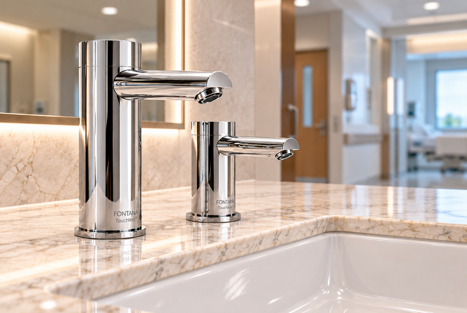 Chrome touchless commercial restroom faucets and sinks