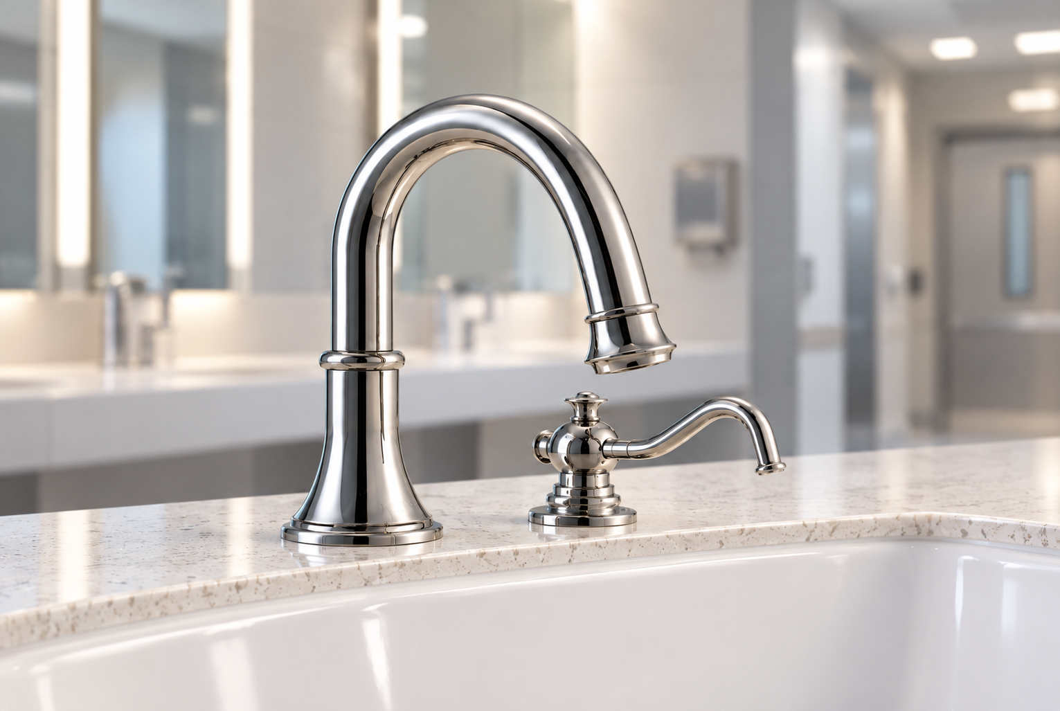 Commercial sensor faucet and dispenser configuration for institutional washrooms