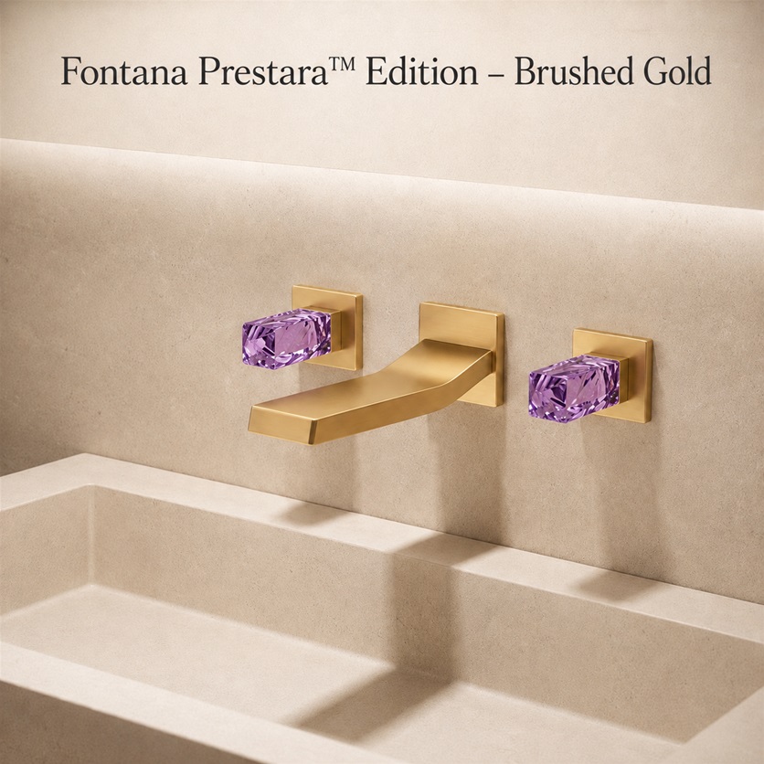 Fontana Prestara Brushed Gold Wall-Mounted Waterfall Bathroom Faucet with Crystal Handles