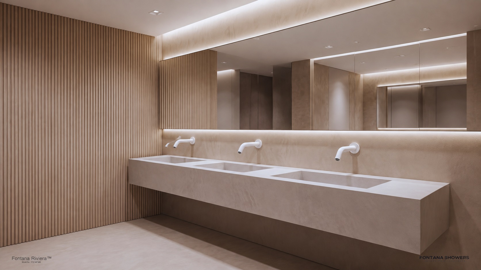 Commercial multi-sink restroom with wall-mounted Fontana faucets