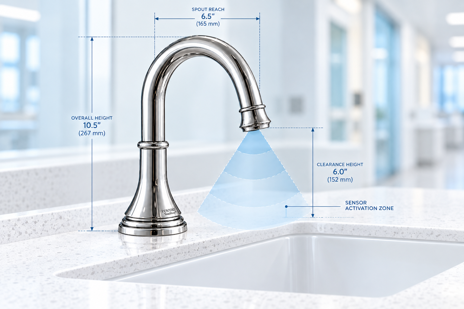 Schematic clinical faucet and sink geometry with sensor activation zone