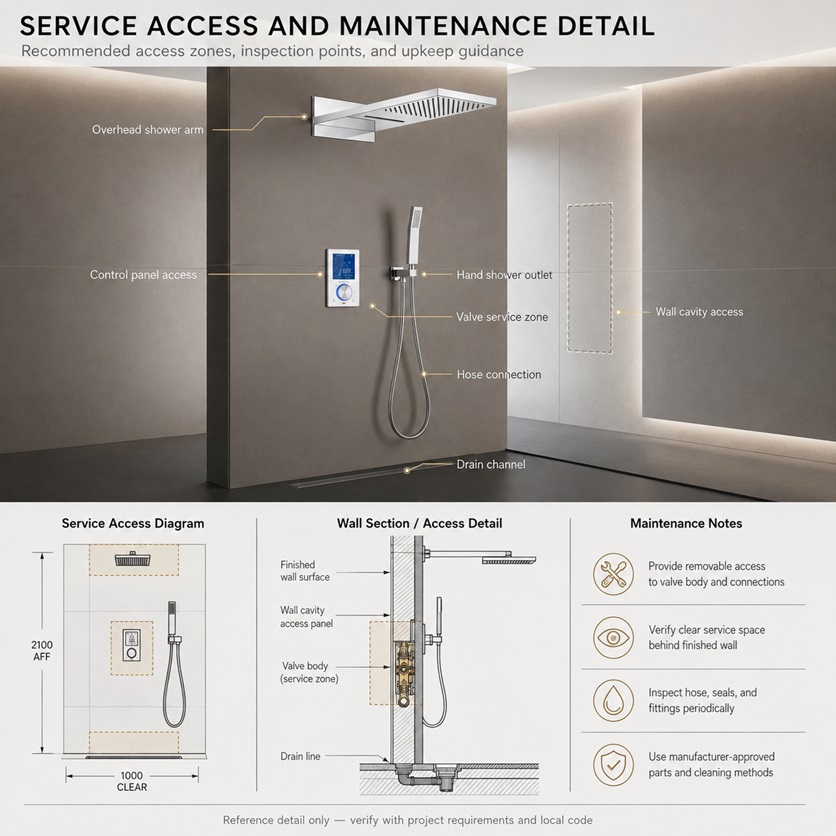 Fontana large rain shower head and shower system service access and maintenance detail guide showing access panel location, rain-head removal, nozzle cleaning, valve access, electrical access, working clearances and maintenance schedule