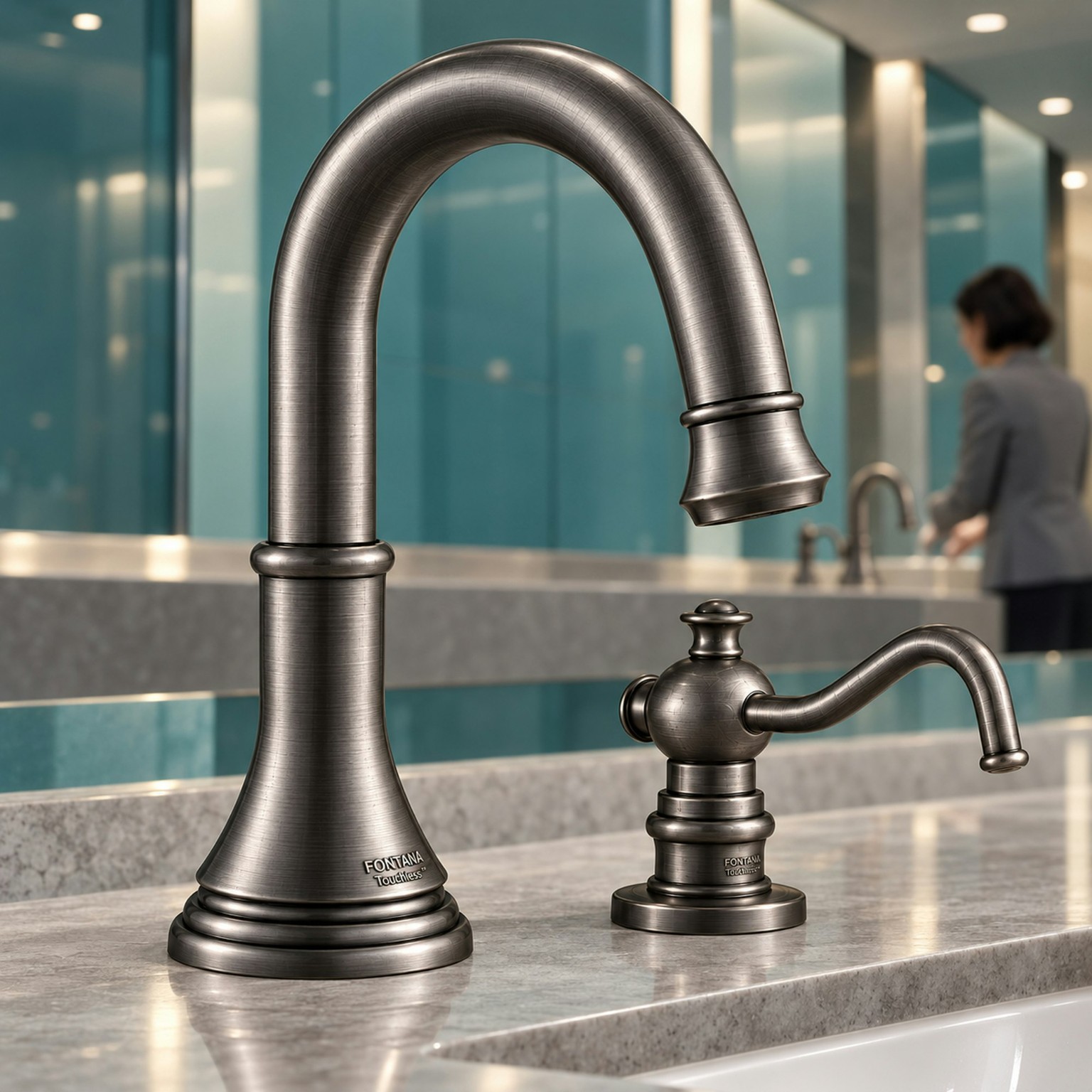 Gunmetal high-arc touchless faucet and automatic soap dispenser in airport restroom