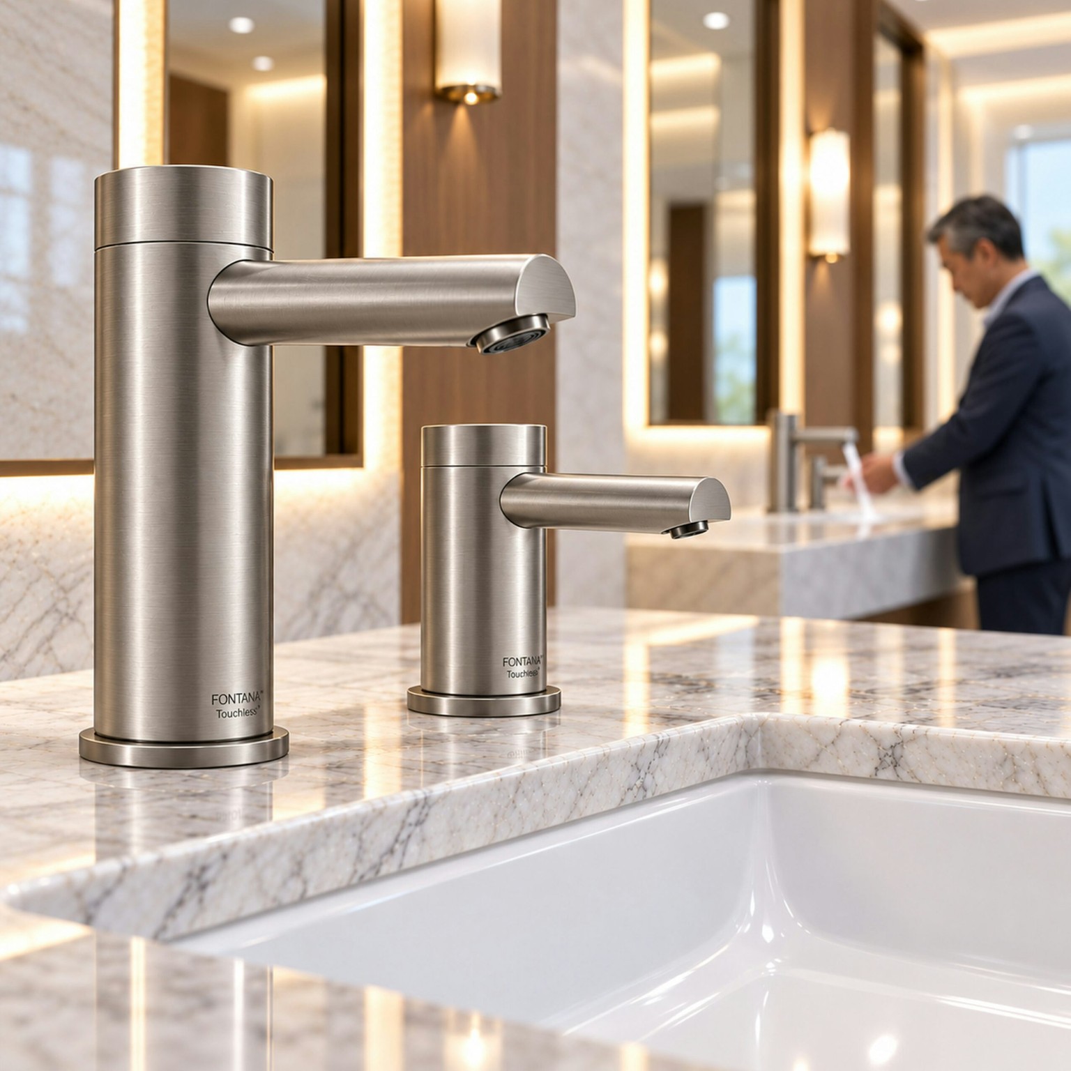 Brushed nickel hands-free touchless faucet and soap dispenser for office restrooms