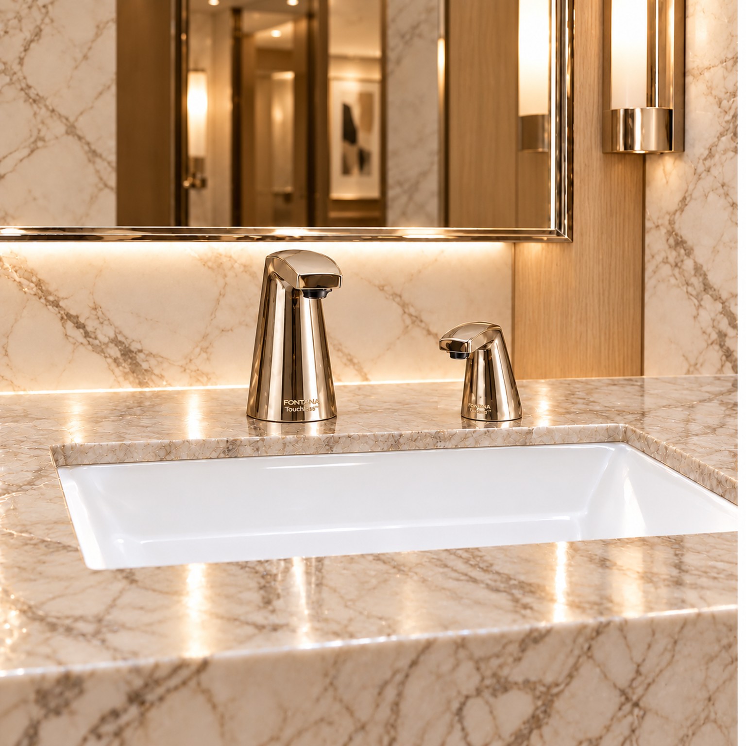 Contemporary champagne-finish deck-mounted sensor faucet reference