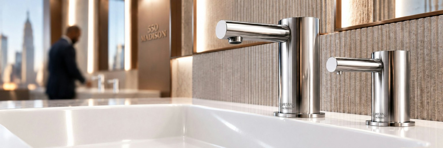 Polished chrome commercial touchless faucet and soap dispenser in an office tower restroom