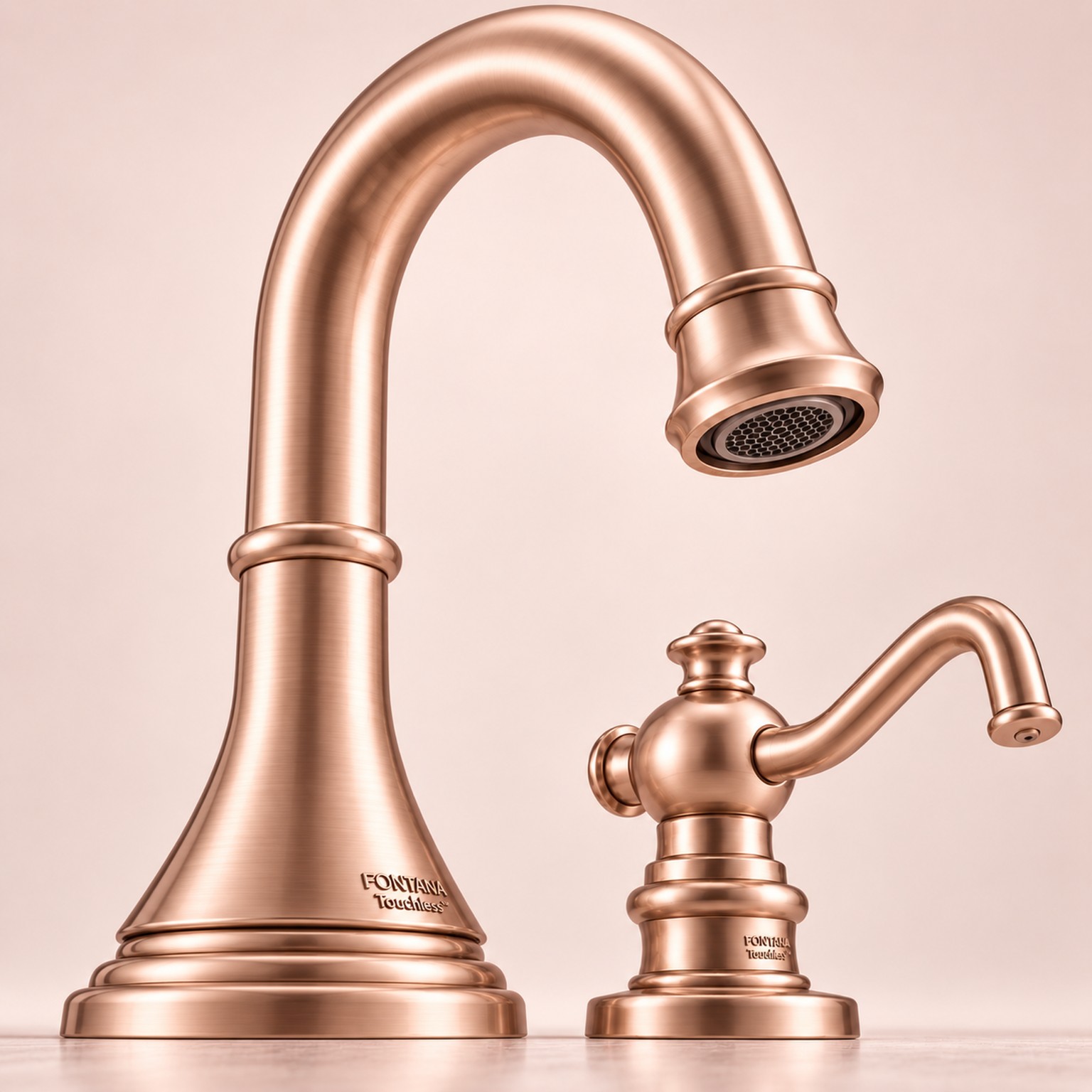 Rose gold coordinated sensor soap dispenser in a residential bathroom