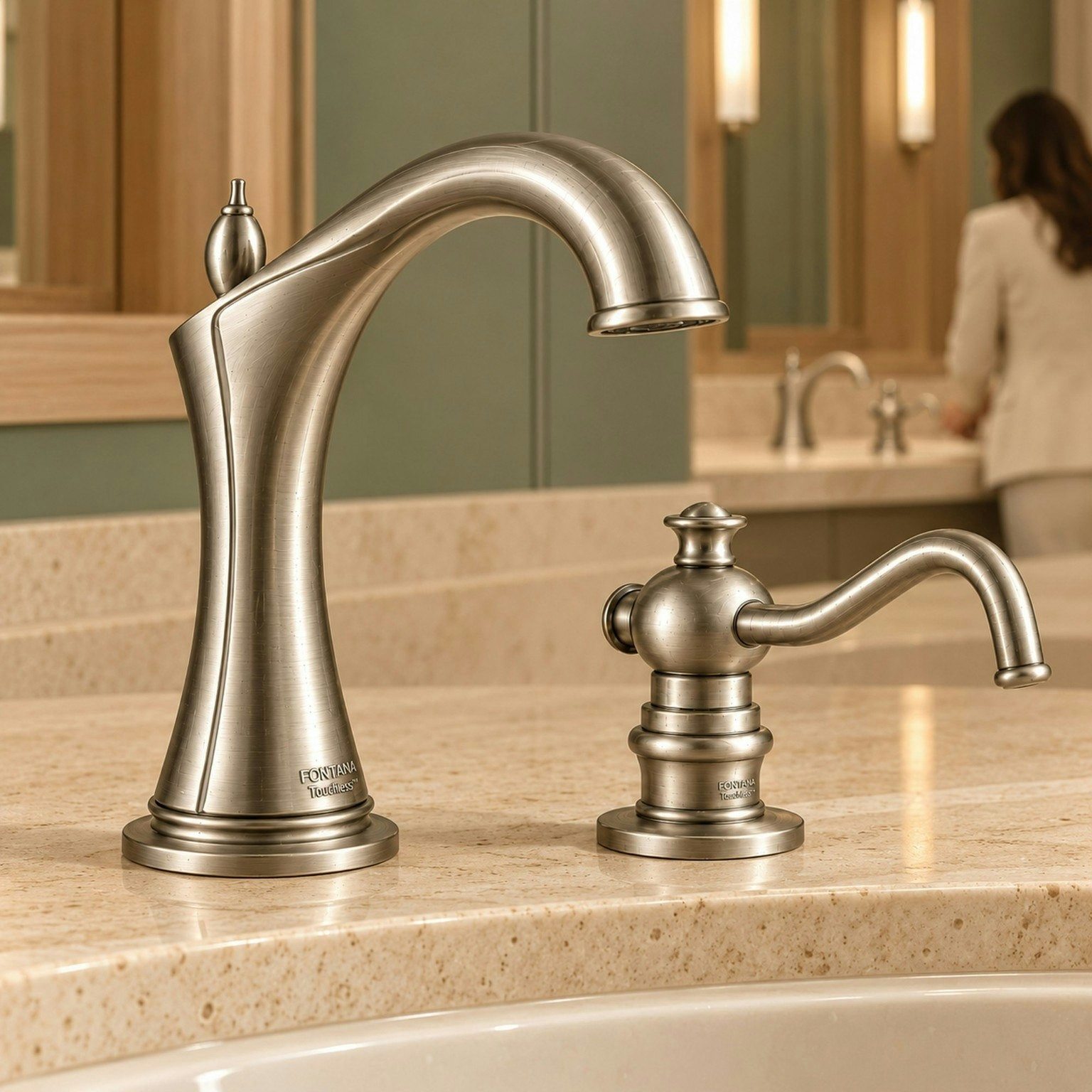 Brushed nickel swan-neck touchless faucet and soap dispenser in a hotel restroom