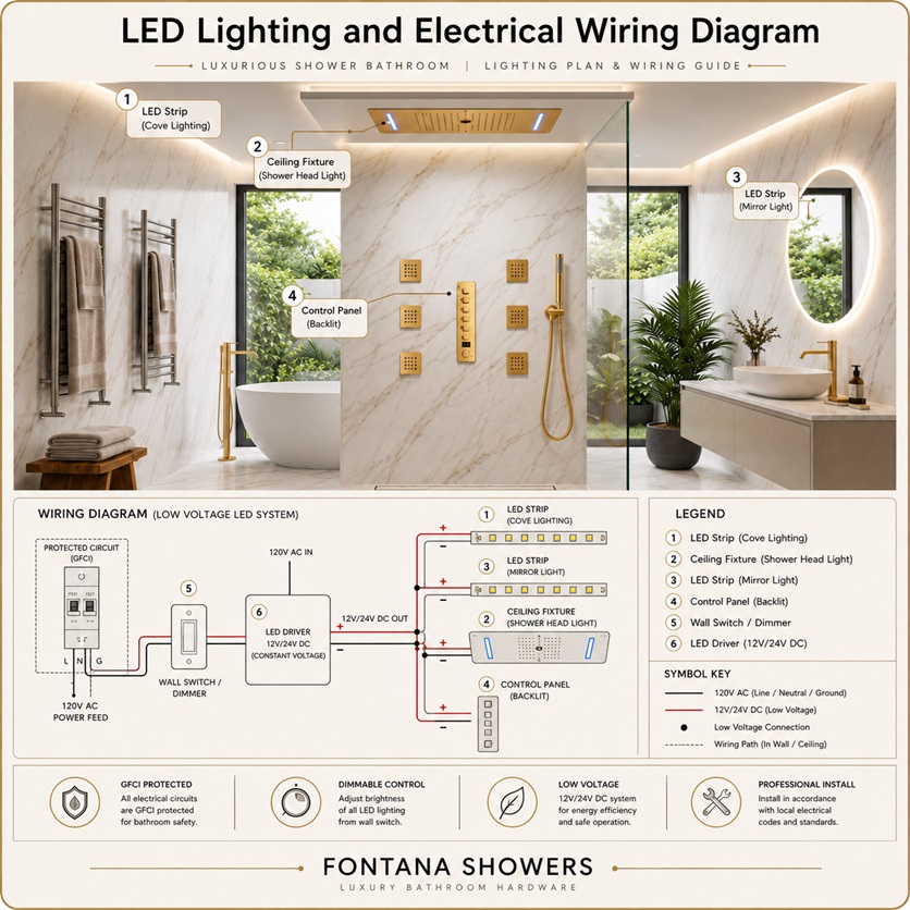 Fontana large rain shower head system LED lighting and electrical wiring diagram showing the shower head, LED driver, RF controller, waterproof connectors, 12 VDC wiring, grounding, ceiling arm and installation zones