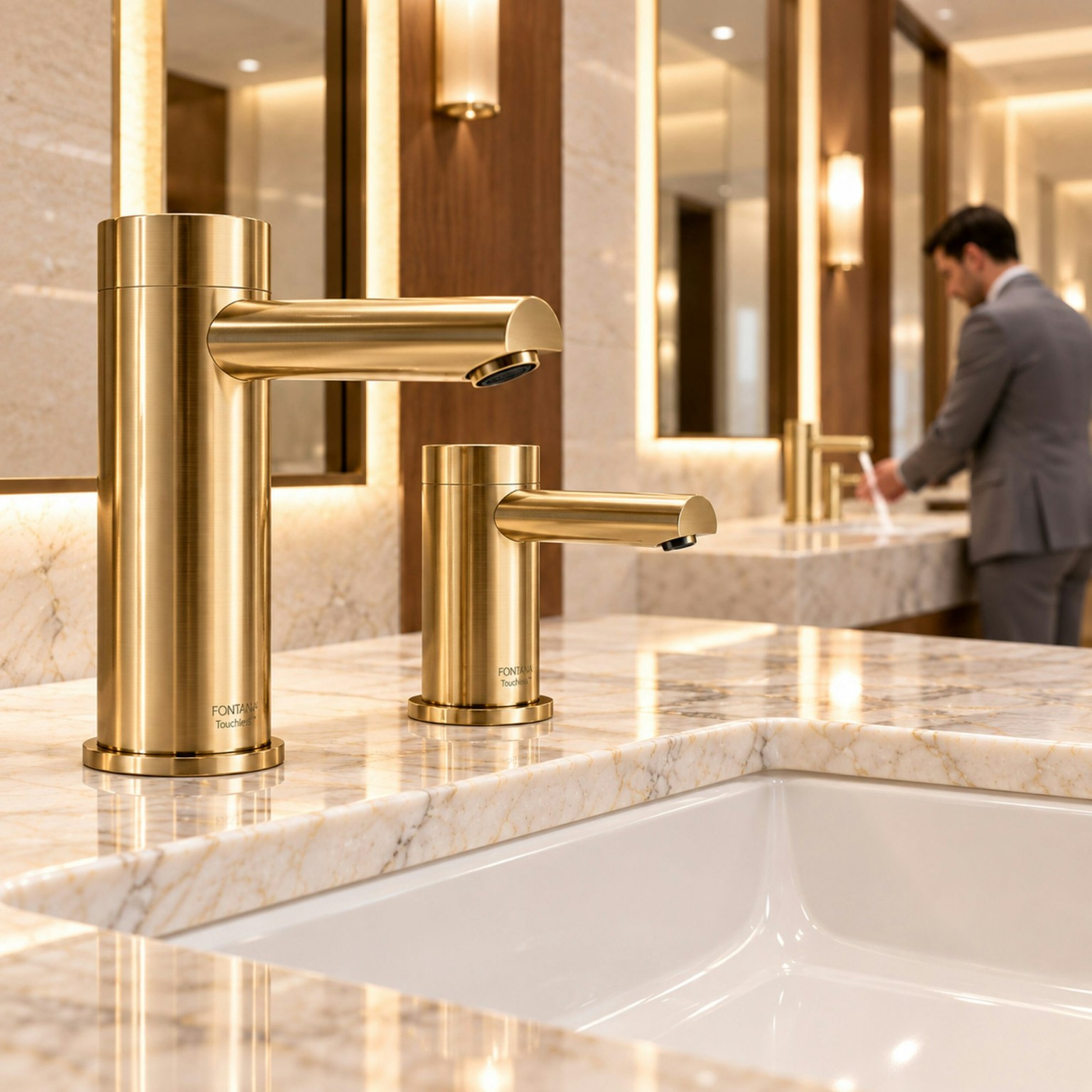 Hotel touchless faucet sensor technology illustration in hospitality bathroom design