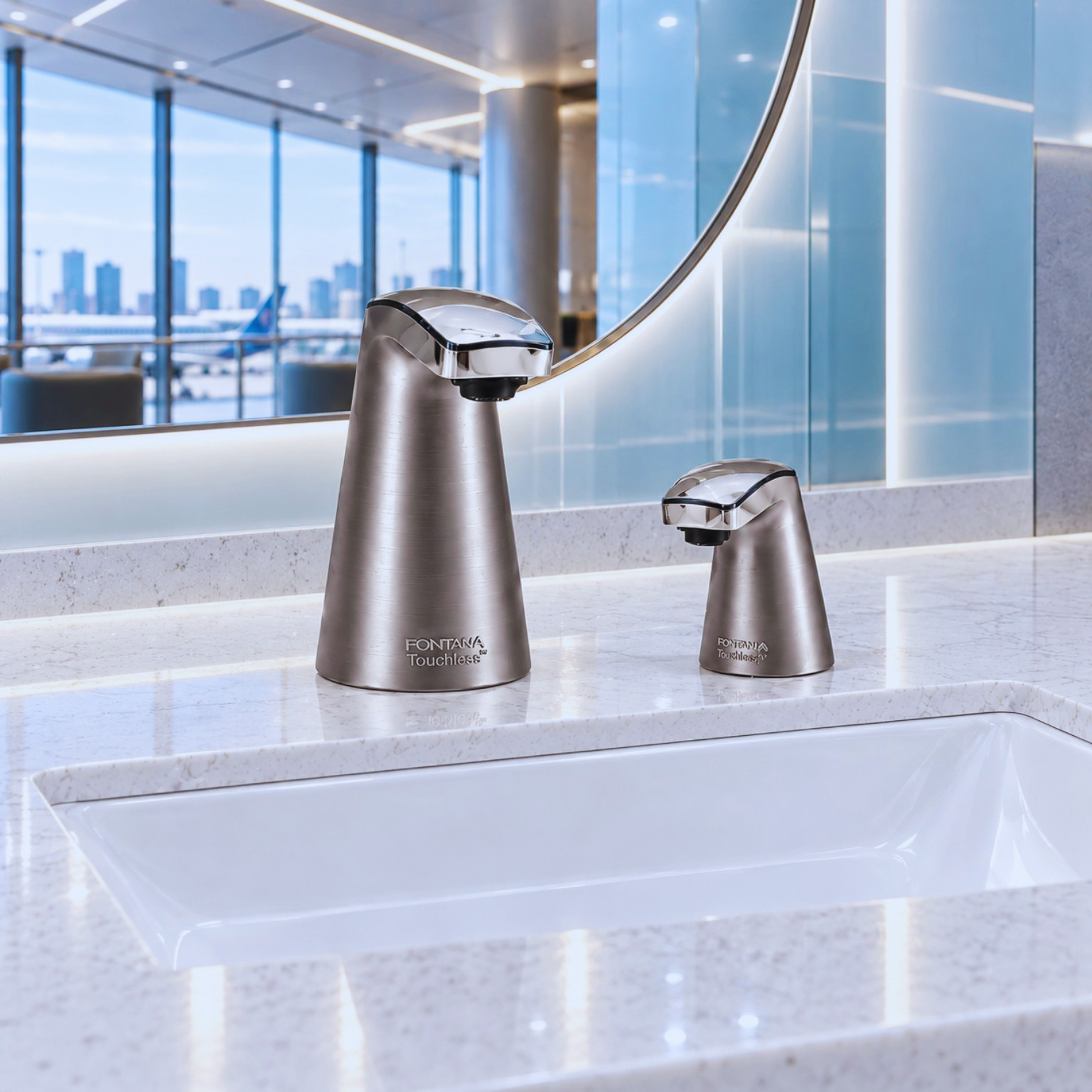 Brushed nickel touchless faucet and soap dispenser installed in an airport restroom