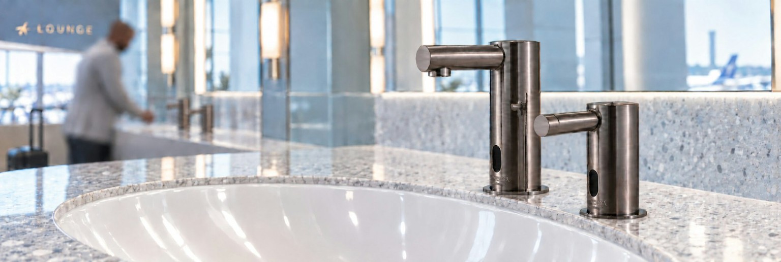 Oil rubbed bronze commercial touchless faucet and soap dispenser installation