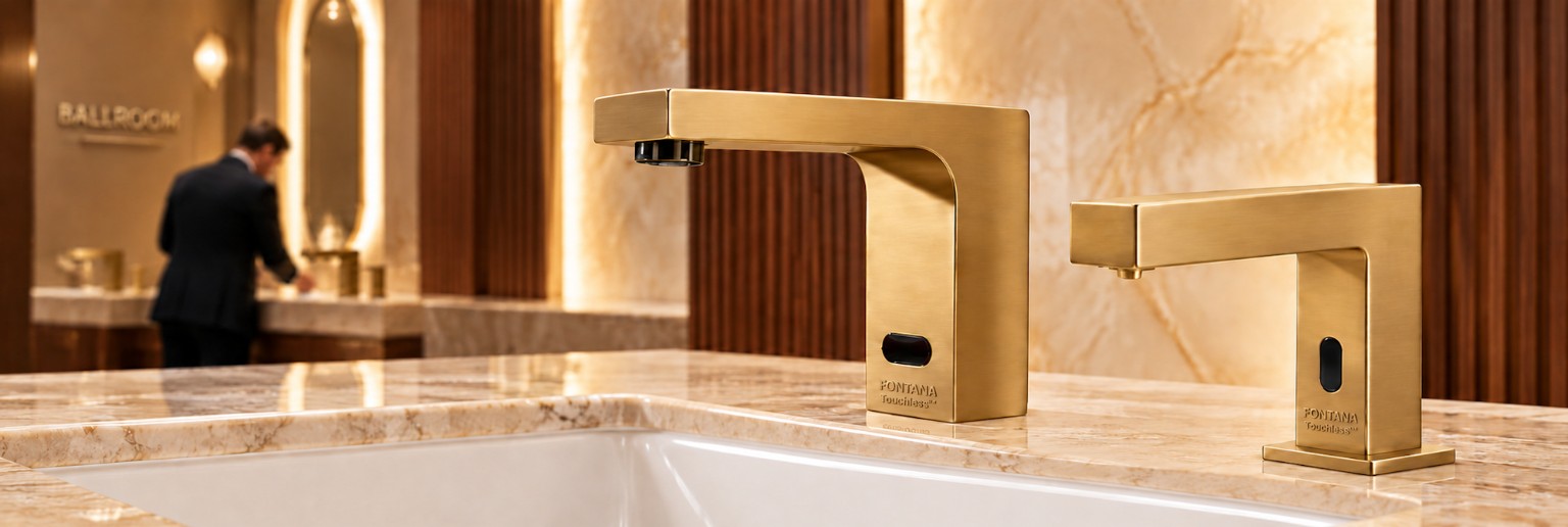 Commercial touchless faucet sensor technology illustration supporting hands-free operation