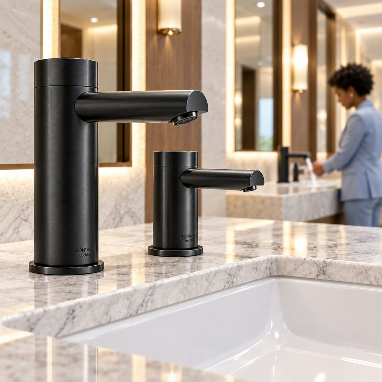 Modern automatic soap dispenser and touchless faucet for offices and gyms