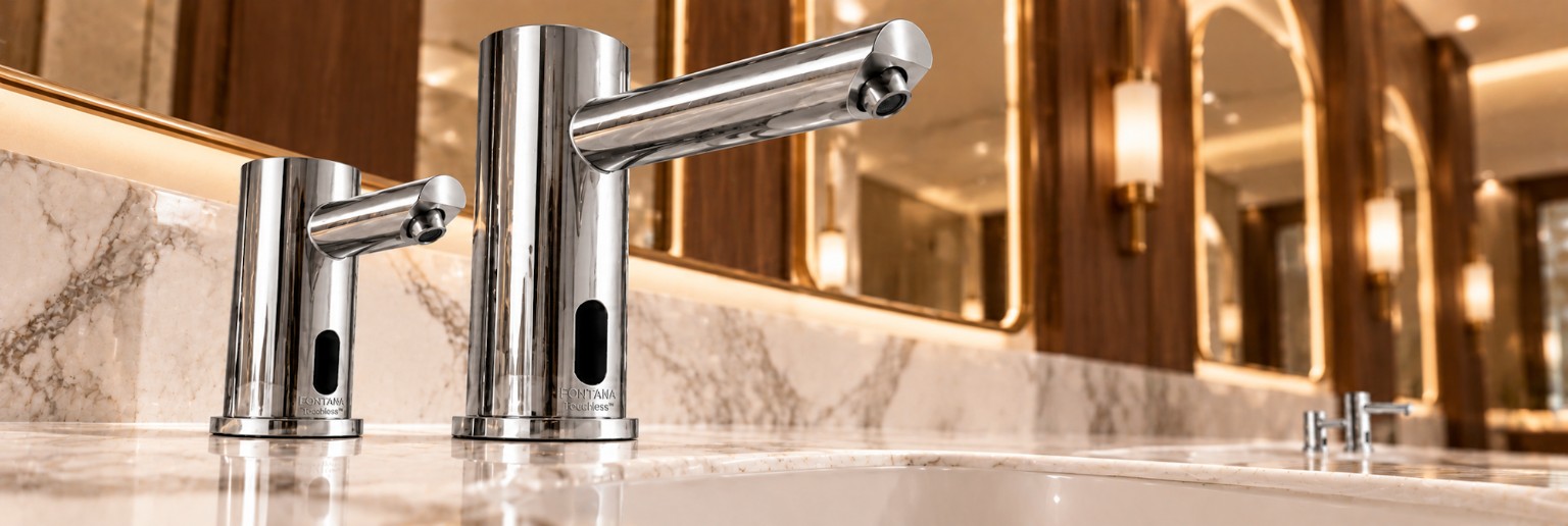 Commercial touchless faucet sensor technology illustration supporting hands-free operation