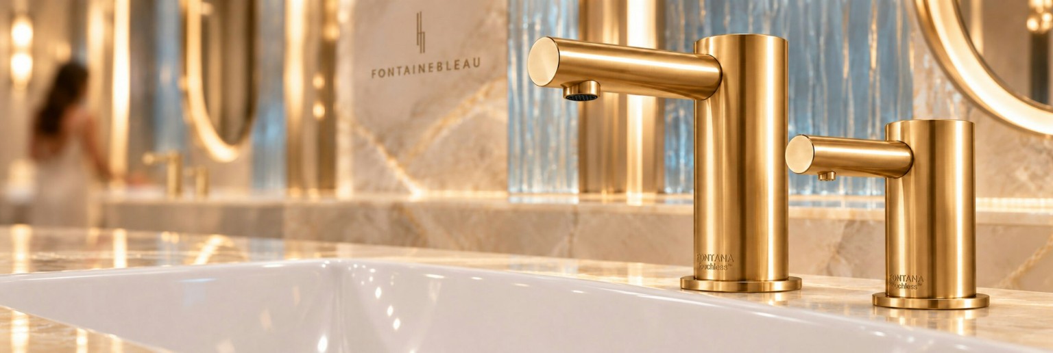 Gold commercial touchless faucet and soap dispenser installation