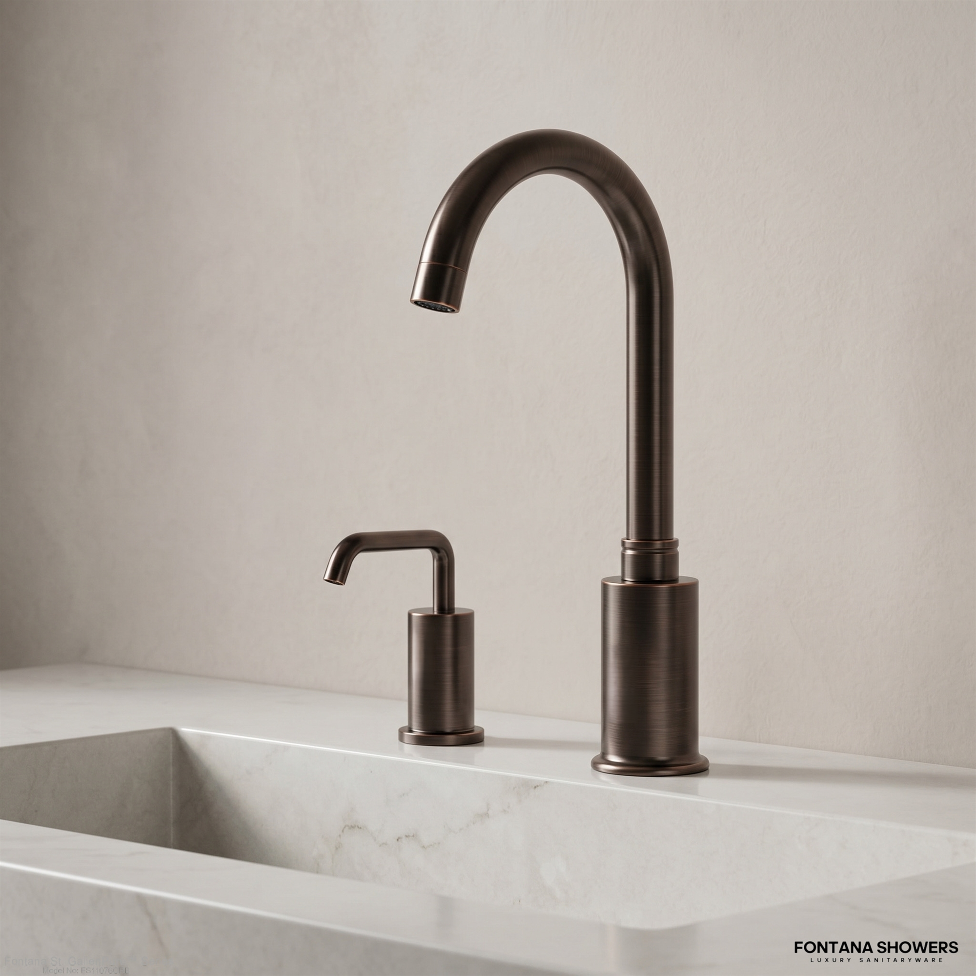 Fontana countertop faucet and soap dispenser under-counter component layout showing control box, soap bottle, soap pump, battery box, transformer, mounting brackets, flexible tubing and service-access clearances