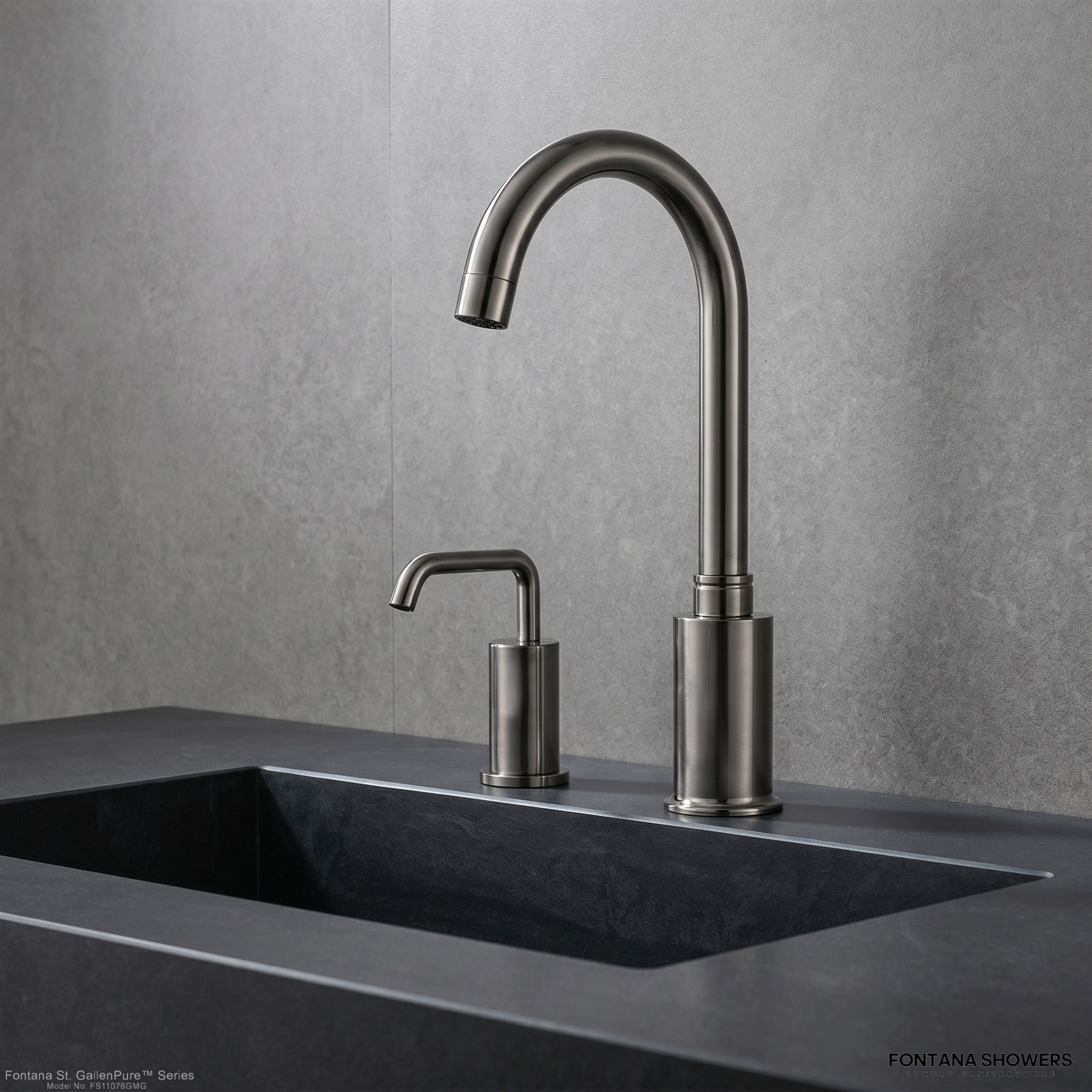 Fontana combination faucet and soap dispenser multi-station restroom layout showing station spacing, sensor coverage, ADA clearances, installation heights, side clearance and plumbing service access