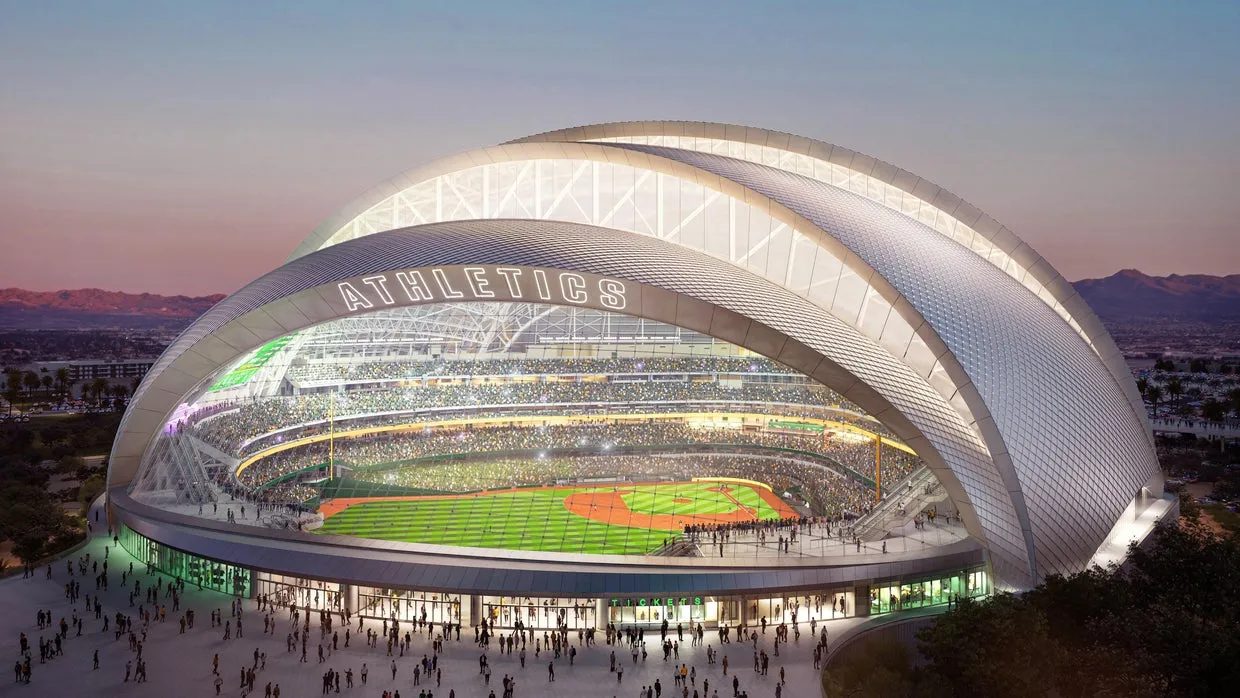 Rendering of the Athletics Ballpark in Las Vegas at dusk
