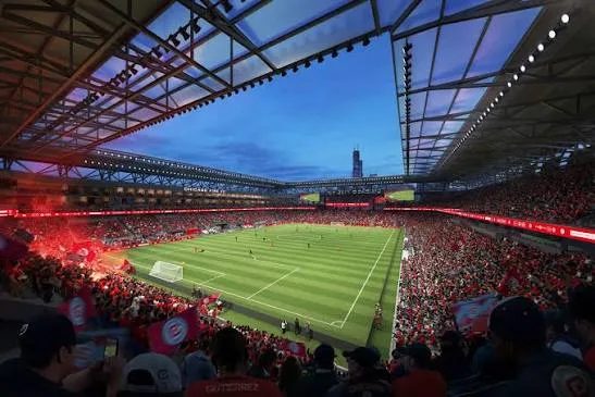 Rendering of the Chicago Fire FC stadium bowl at dusk