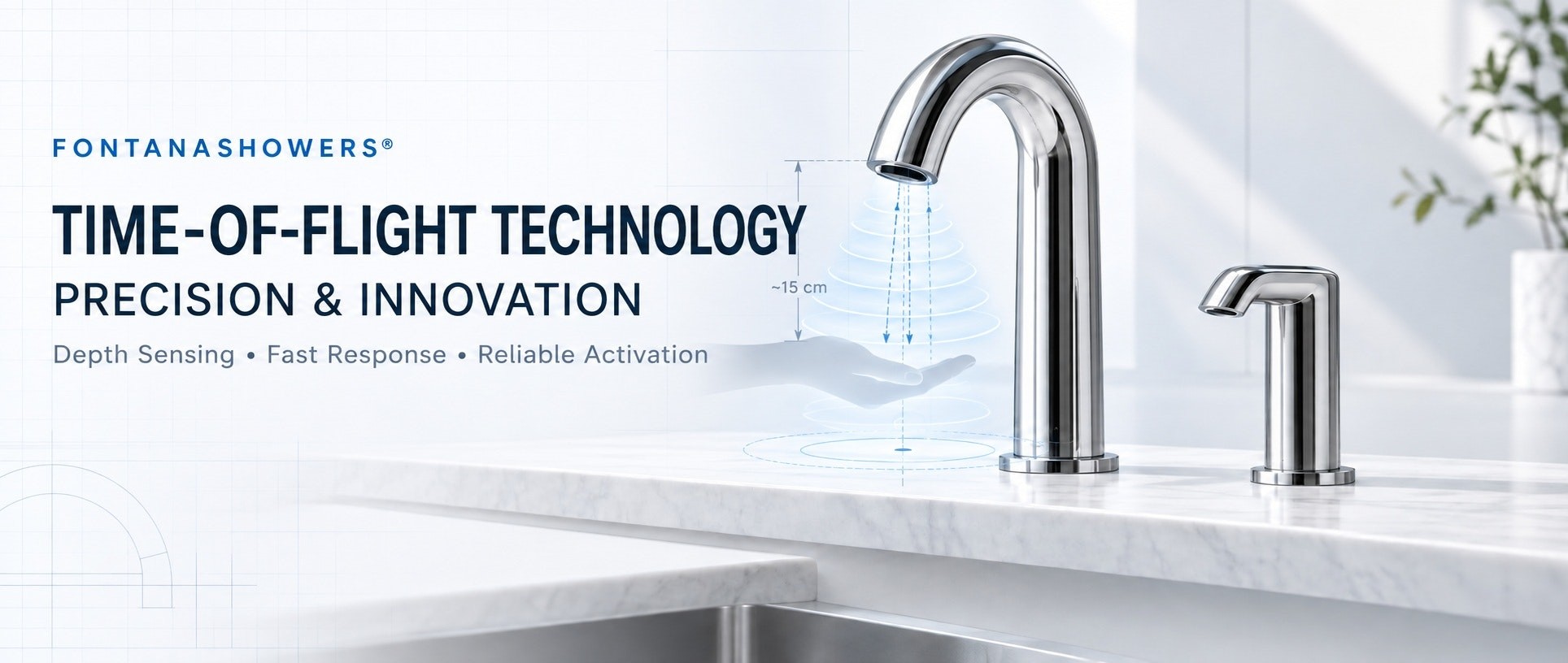 FontanaShowers touchless faucet using Time-of-Flight technology for precise depth sensing and reliable activation