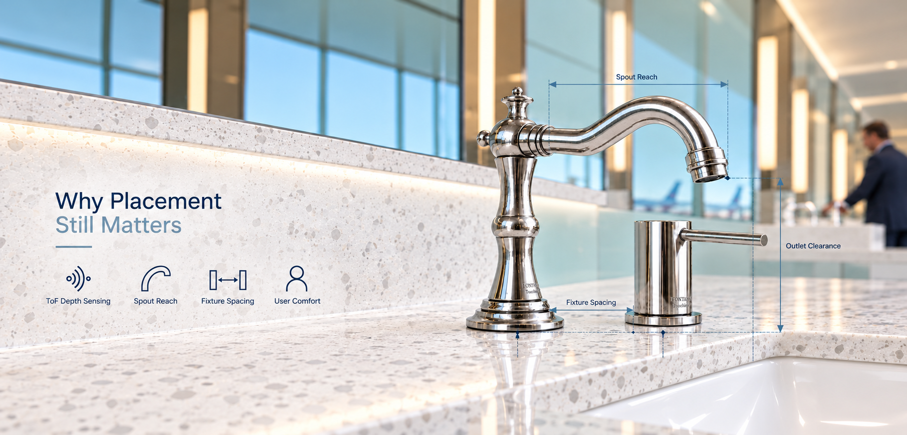 Fontana brushed nickel touchless faucet and coordinated washstation landscape banner