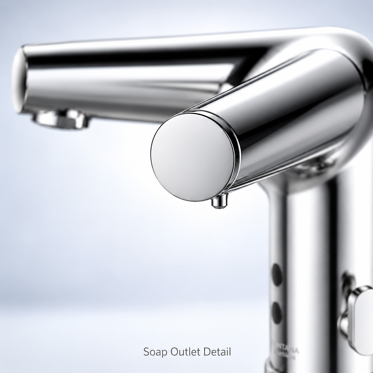 Close-up of polished chrome automatic faucet soap outlet nozzle