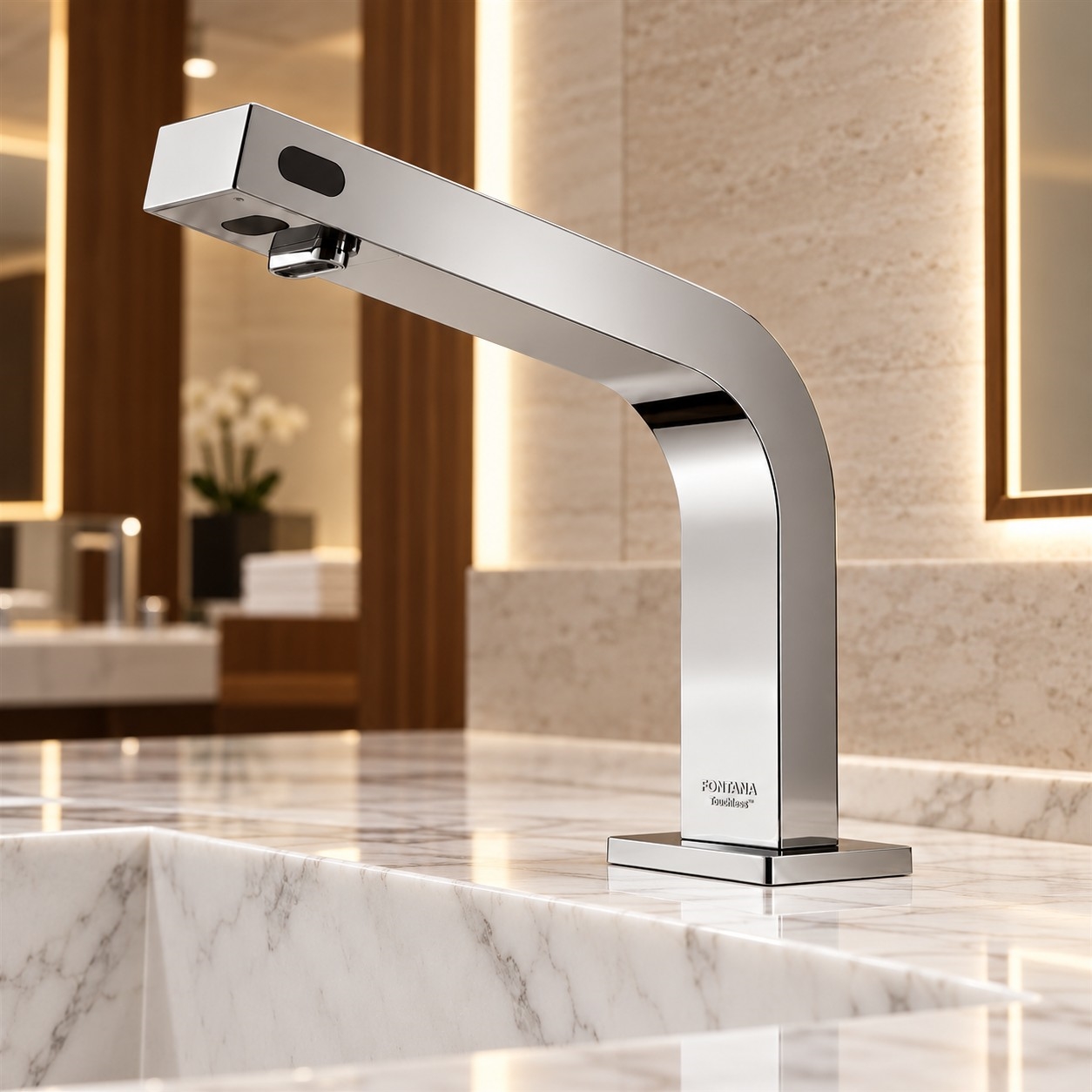 Brushed nickel curved touchless faucet and soap dispenser at commercial trough sink