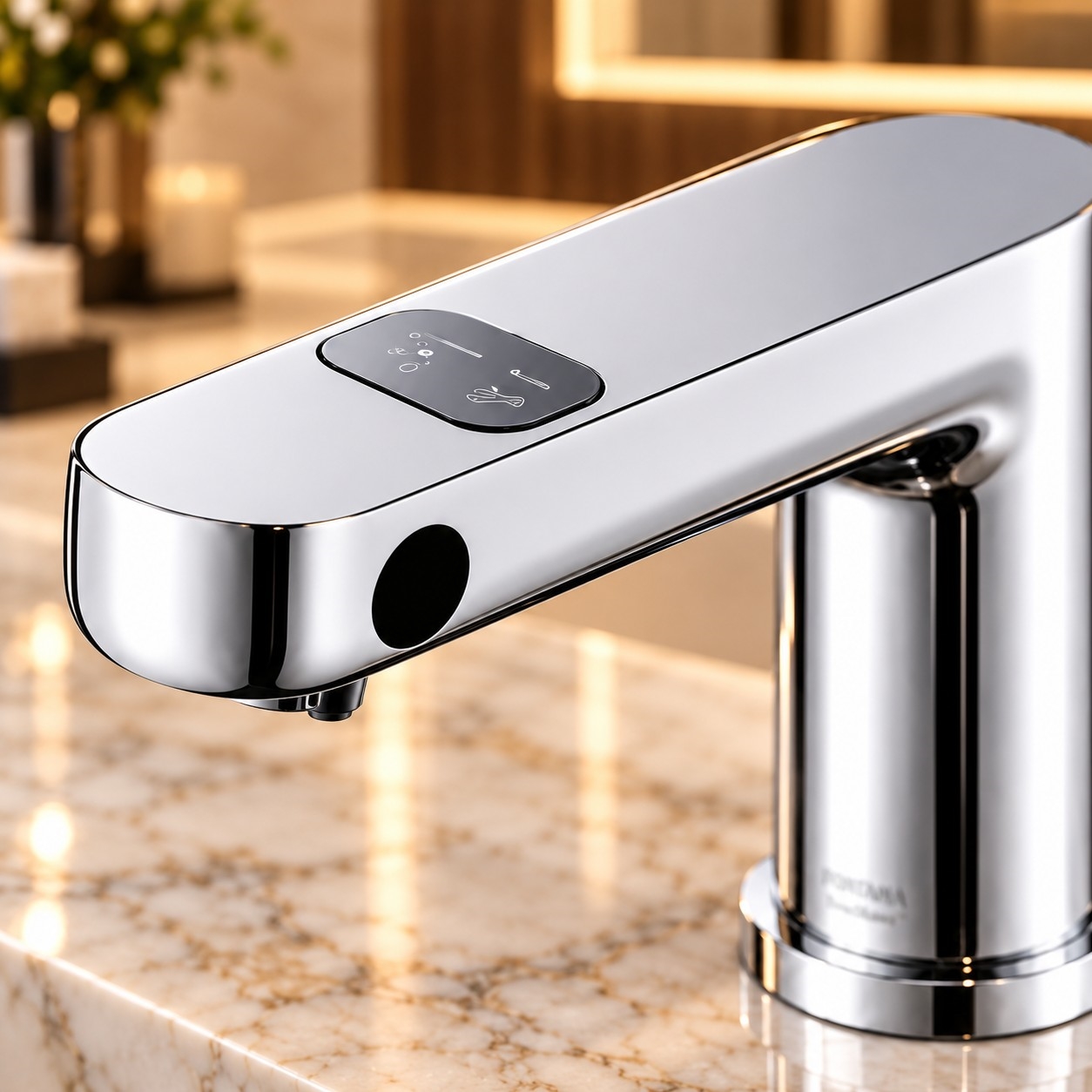 Polished chrome touchless faucet showing its sensor control panel in a modern bathroom