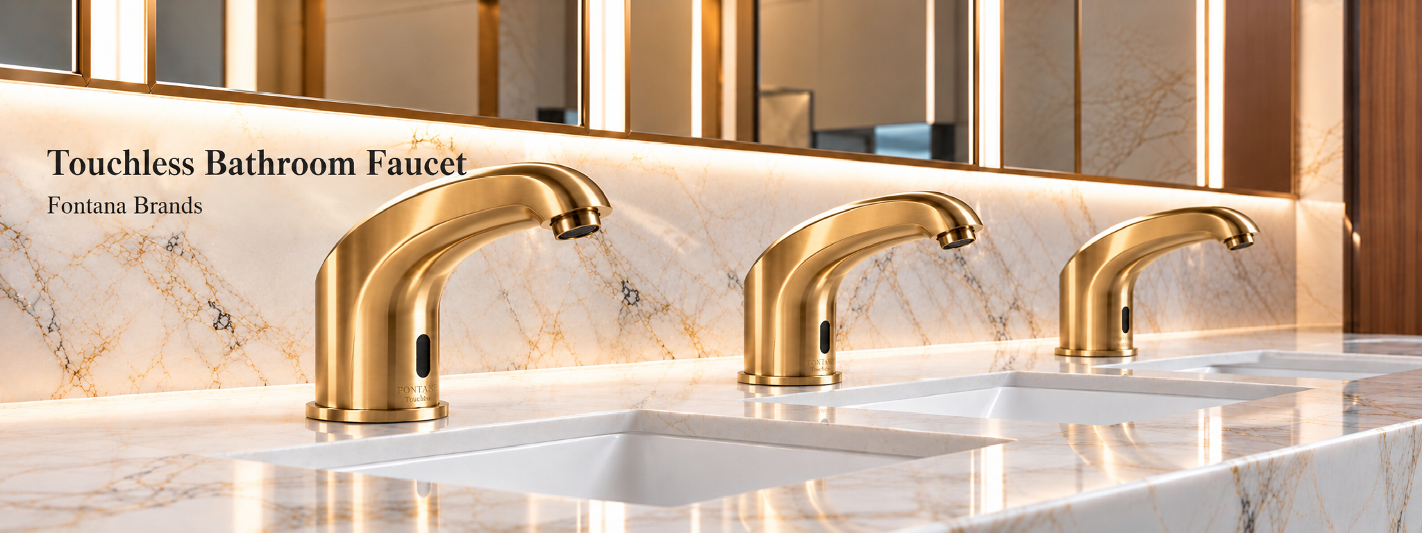 Three Fontana brushed gold touchless bathroom faucets with subtle FONTANA Touchless branding in a luxury commercial restroom