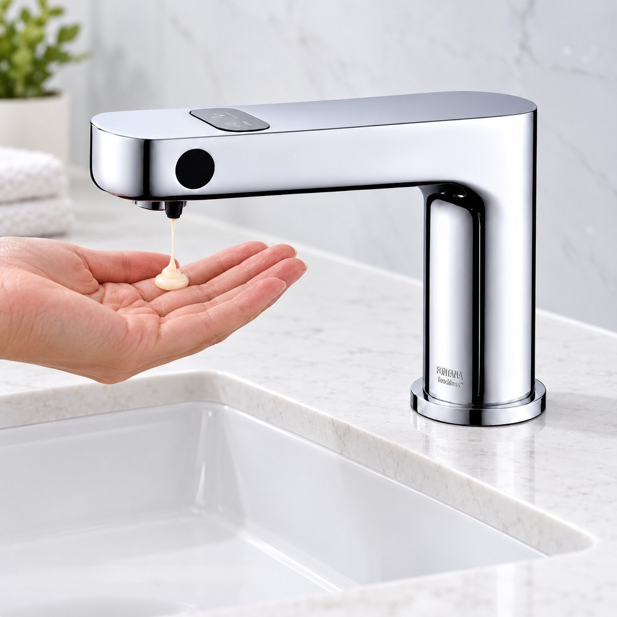 Fontana polished chrome automatic faucet and liquid soap delivery