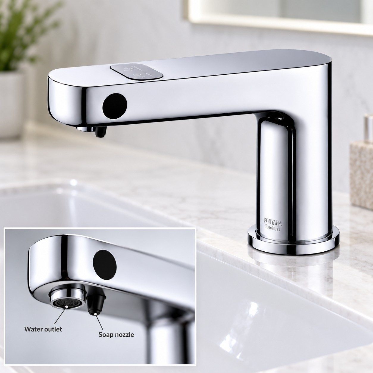 Chrome deck-mounted automatic faucet and matching sensor soap dispenser
