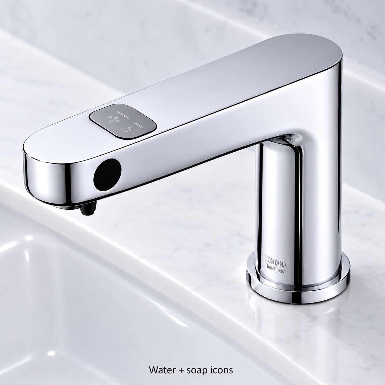 Gunmetal cone sensor faucet and matching soap dispenser in stadium restroom