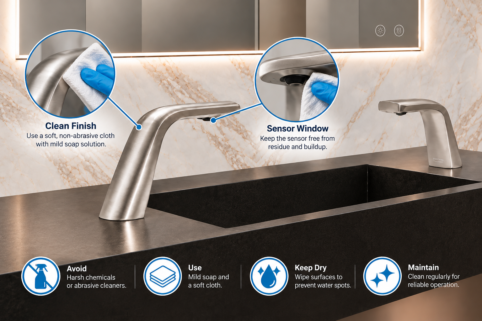 Schematic touchless faucet finish and sensor window cleaning considerations