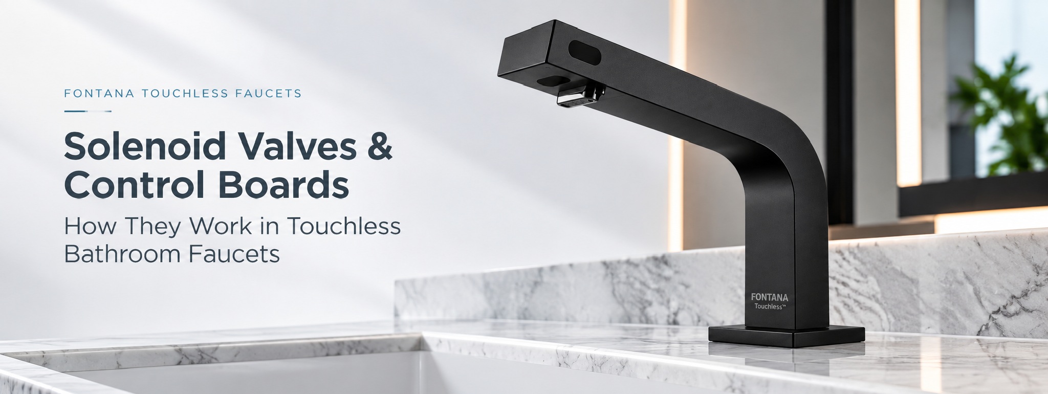 FontanaShowers matte black touchless bathroom faucet banner about solenoid valves and electronic control boards