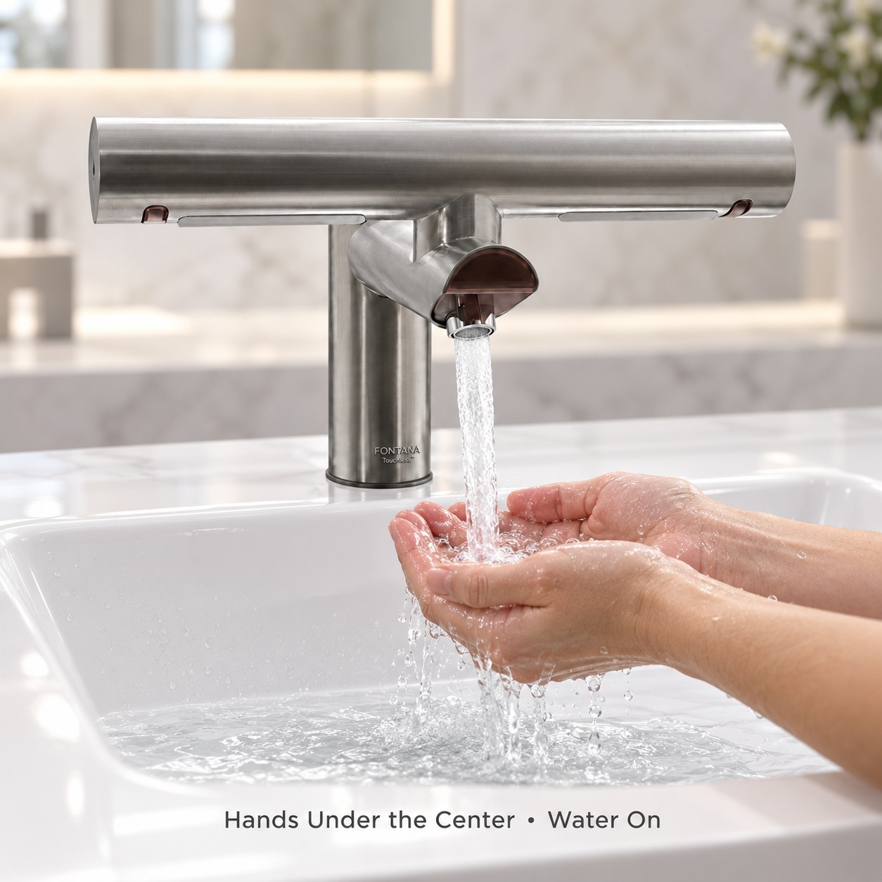 Commercial touchless faucet installed for hands-free washroom use
