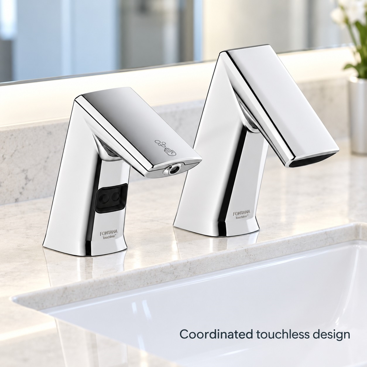 Polished stainless-look automatic soap dispenser with matching touchless faucet for specification planning