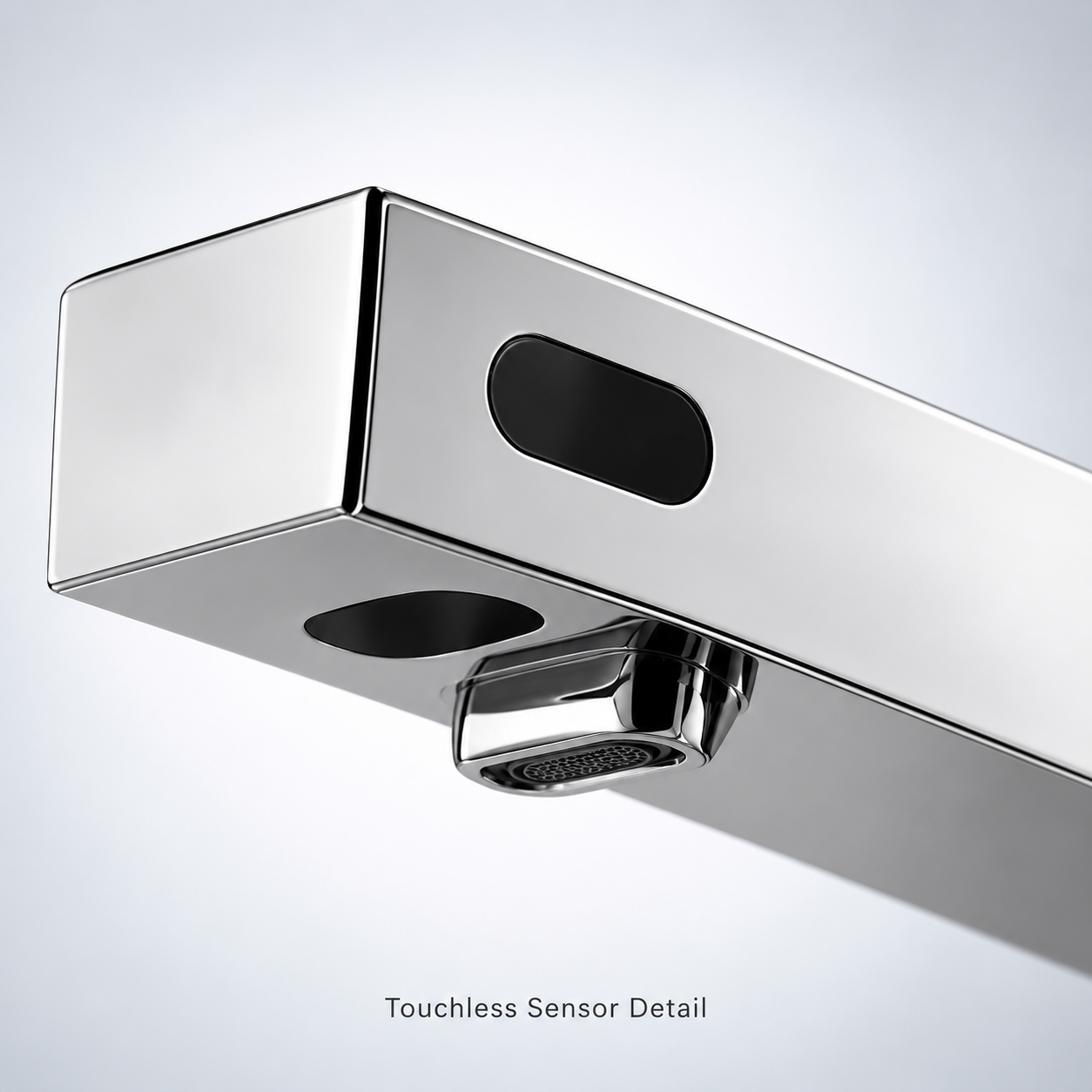 Close-up of a polished chrome touchless faucet infrared sensor